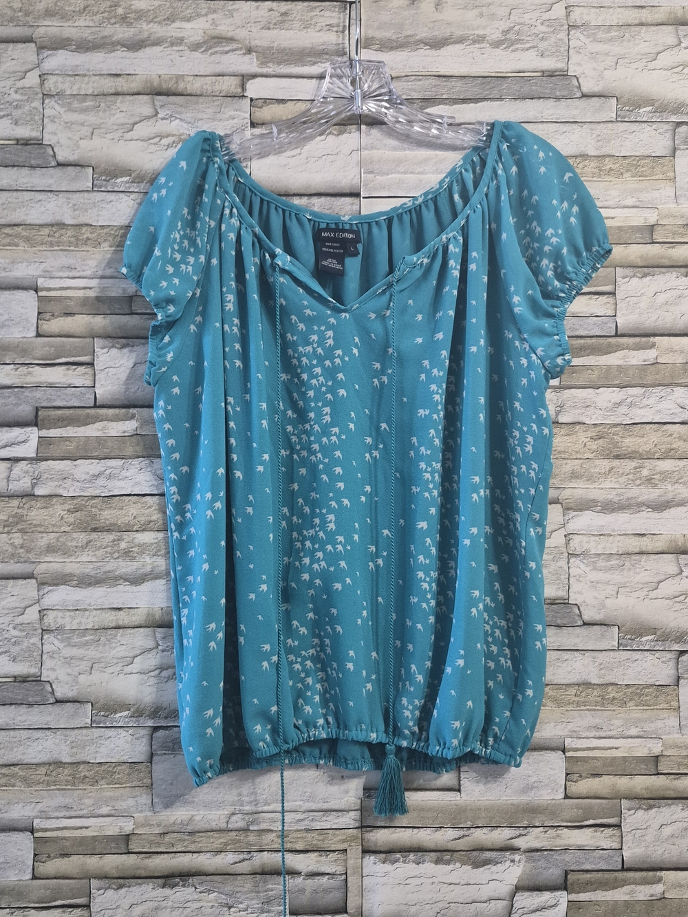 ​Max Edition Blouse Women's L  Turquoise Boho Casual Bird Print Top Tassel Tie